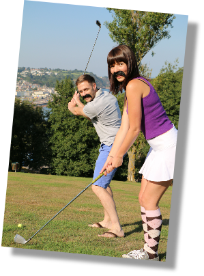 Promotional golfing photo shoot; two young people